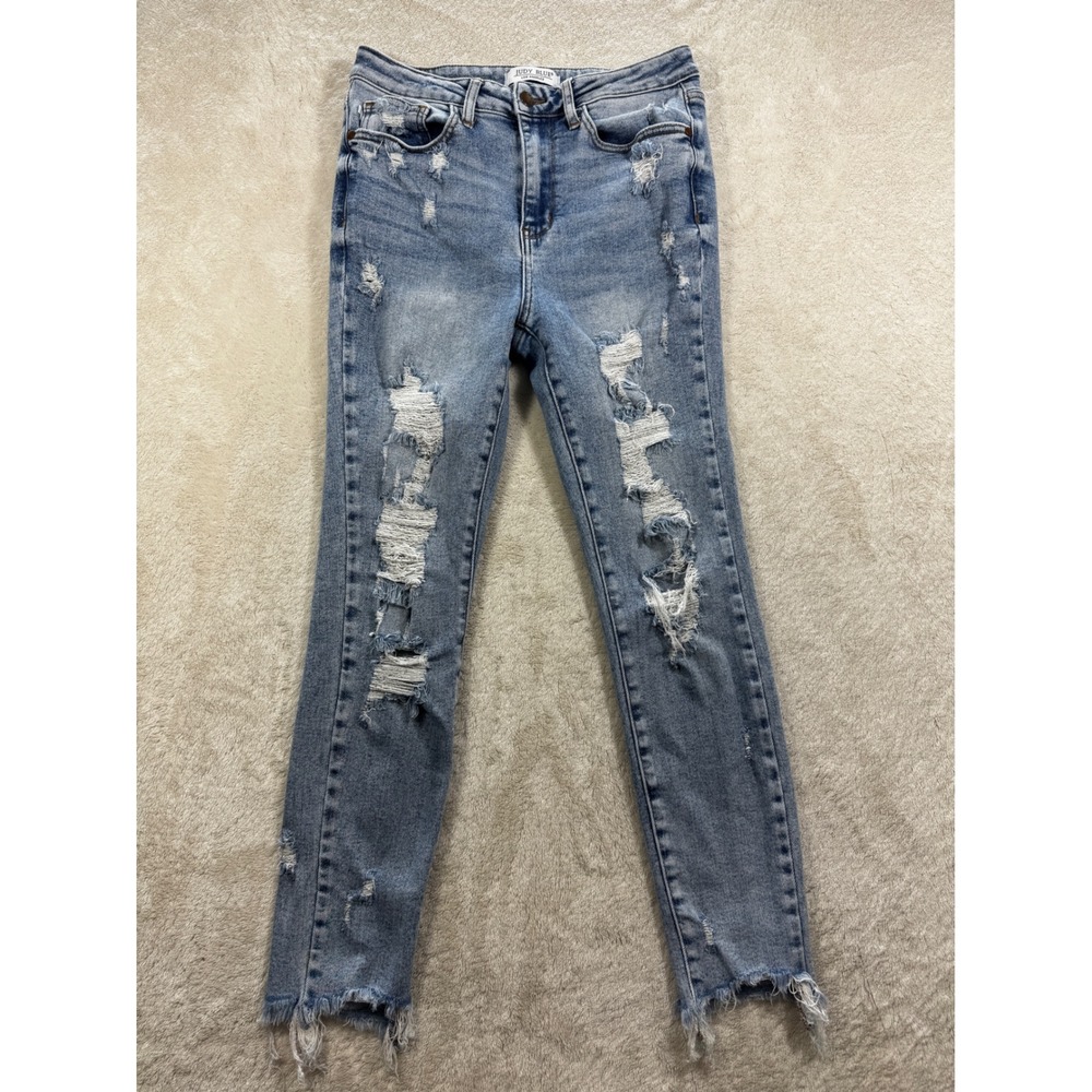 Judy Blue Womens JB88390 Distressed Raw Hem Blue Skinny Jeans 7/28 Meas: 28x26